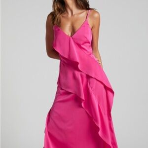 Showpo magenta hot pink ruffled tiered satin midi dress